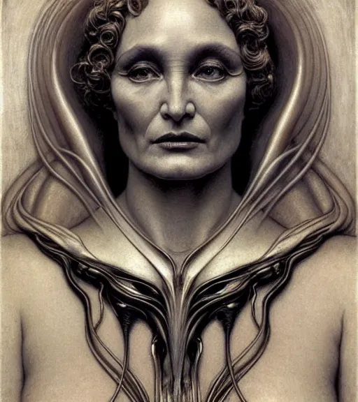 Image similar to detailed realistic beautiful young alien robot jessica lange as queen of mars face portrait by jean delville, gustave dore and marco mazzoni, art nouveau, symbolist, visionary, gothic, pre - raphaelite. horizontal symmetry by zdzisław beksinski, iris van herpen, raymond swanland and alphonse mucha. highly detailed, hyper - real, beautiful