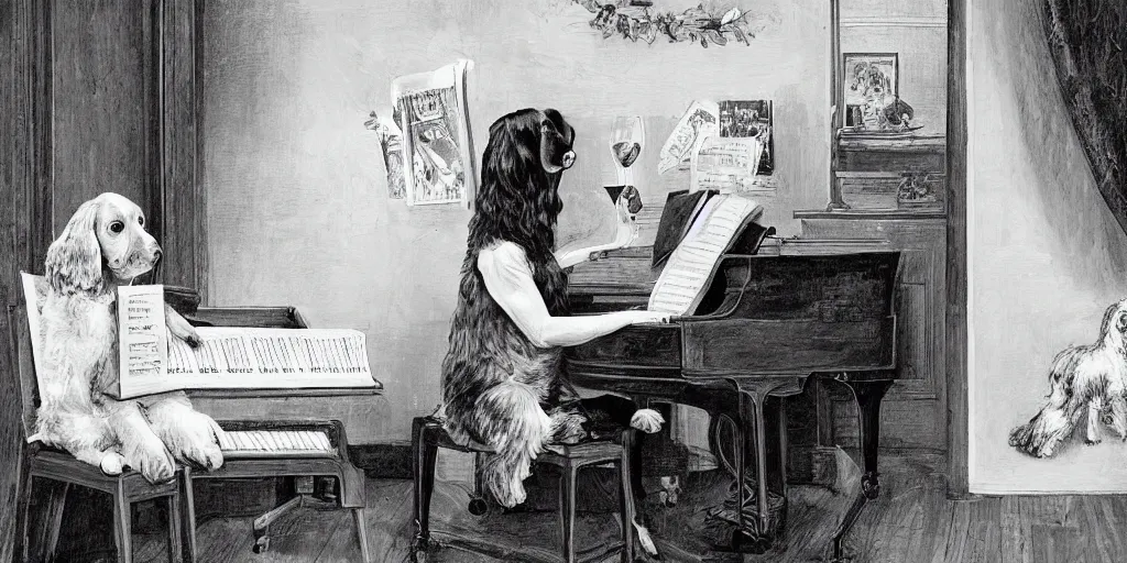 Prompt: sprocker Spaniel playing piano with a Martini on the side, illustration, b&w