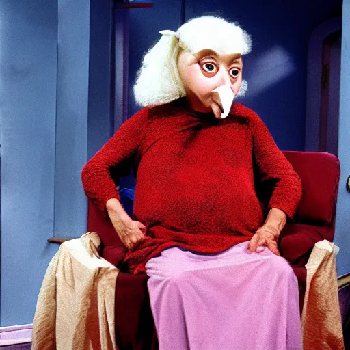 Image similar to Still from a live-action children's tv show about an old lady dressed as a nose with enormous feet, technicolor 1973