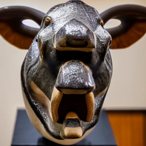 Image similar to a taxidermized smiling goose cow chimera, in a museum, on a pedestal, 8 5 mm lens, 7 0 mm entrance pupil diameter, close - up photograph, high detail, 4 k, soft focus, depth of field