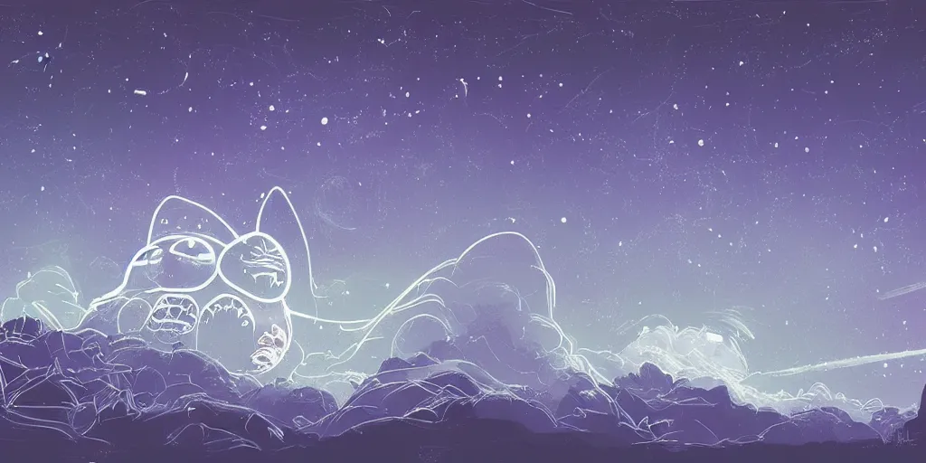 Image similar to glowing wireframe totoro, mountain landscape, night sky, digital art, digital painting, celestial, majestic, colorful