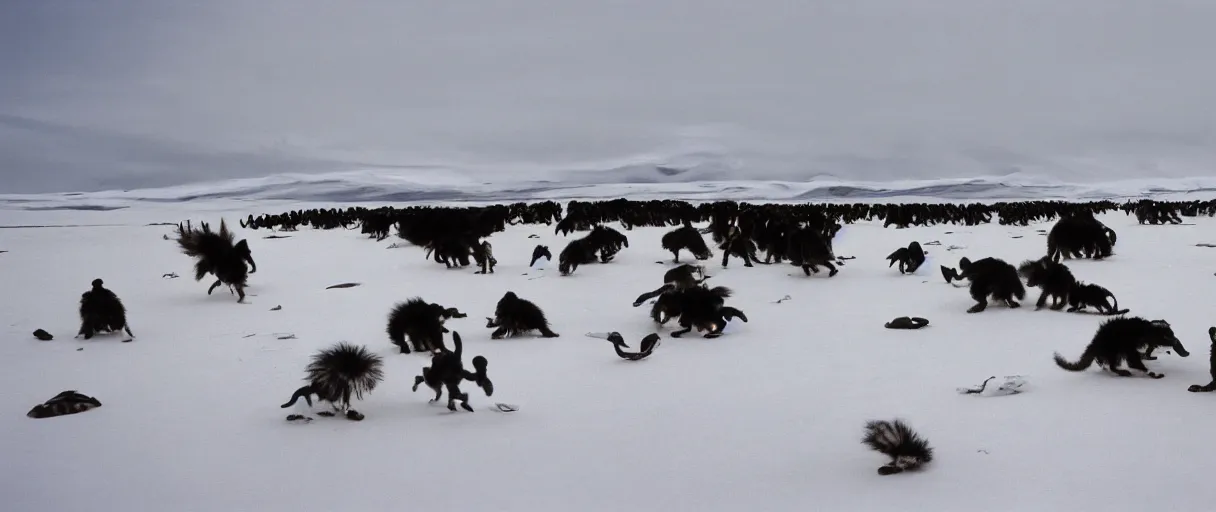 Image similar to filmic extreme wide shot movie still 4 k uhd interior 3 5 mm film color photograph of a bunch of creatures running around mcmurdo station in antartica