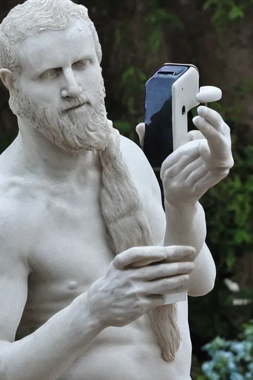 Prompt: marble sculpture of a man holding a marble phone to take a selfie