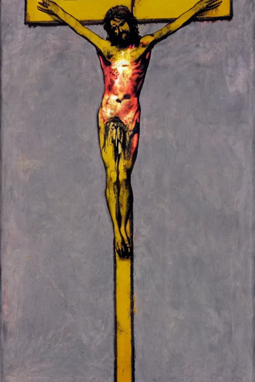 Image similar to bloody jesus christ crucified, yellow sky painted by andy warhol and cy twombly