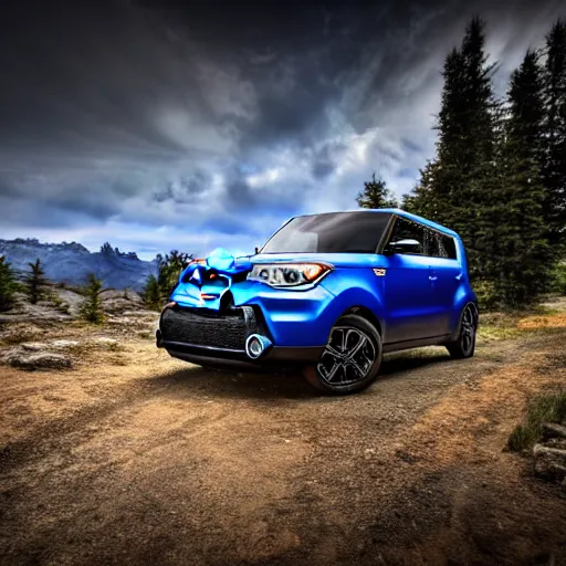 Prompt: Kia Soul, Professional Photography, Skyrim, Off-roading, Mountain landscape, dirt, road, cinematic color, photorealistic, highly detailed wheels, highly detailed