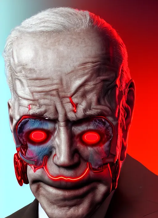 Image similar to hyper realistic ultra realistic cyborg photo Doom furious glowing red eyes biden, high quality photo, detailed , 8k