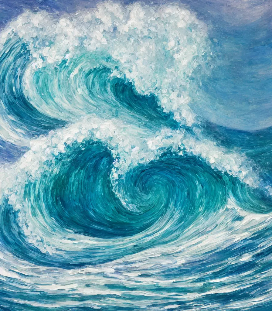 Image similar to an impasto oil painting of one single beautiful hawaiian wave, monochromatic color scheme, high detail, breathtaking wave, modern art, abstract art, soft colors, inverted colors