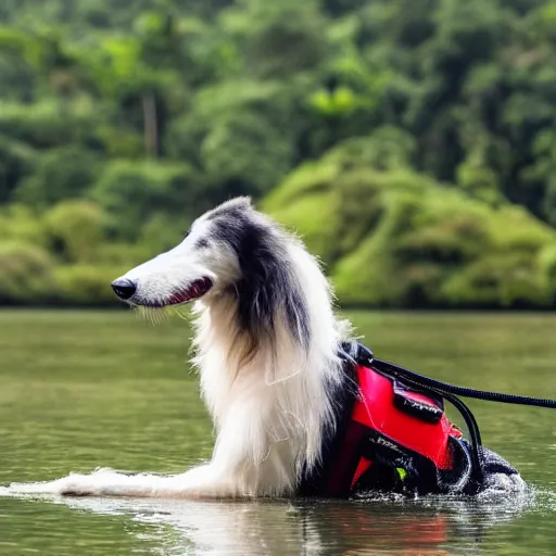 Image similar to photo of borzoi dog wearing diving gear swimming in the amazon rainforest, 4k award-winning animal photography