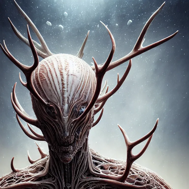 Prompt: portrait of transparent alien man with ribbed body, covered with twisted ribbed crooked antlers in wastelands on white exoplanet, baroque portrait painting, beautiful intricate insanely detailed octane render, artstation, 8 k artistic photography, photorealistic, volumetric perfect light, chiaroscuro, raphael, caravaggio, beksinski, rutkowski, giger