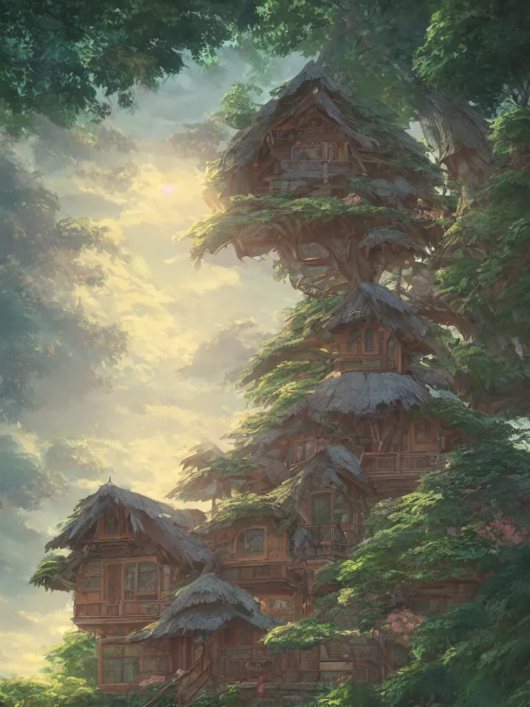 Image similar to a beautiful painting of a gucci cottage tree house, anime landscape, morning light, in the style of ross tran, studio ghibli and kay john yim, cgsociety highly detailed, 8 k