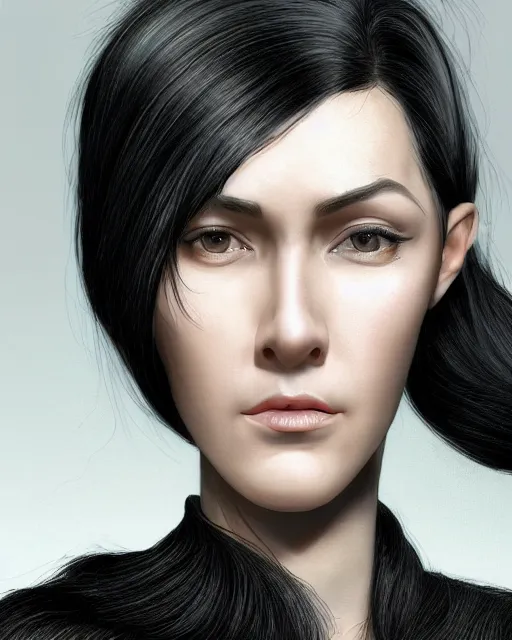 Image similar to portrait of a tall 4 0 - year - old woman with thin lips, long, lush black hair gathered on the head bun, and thick eyebrows, wearing in black clothes, aristocratic appearance, hyper realistic face, beautiful eyes, character art, art by mark brooks, hyperdetailed, cryengine, trending on artstation, digital art
