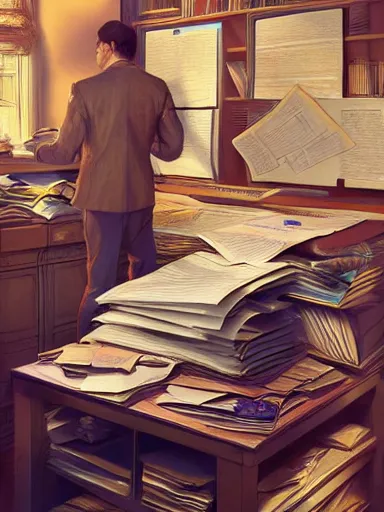 Image similar to salary man working at his desk, piles of papers all over the place. intricate, elegant, highly detailed, digital painting, artstation, concept art, sharp focus, illustration, by justin gerard and artgerm, 8 k