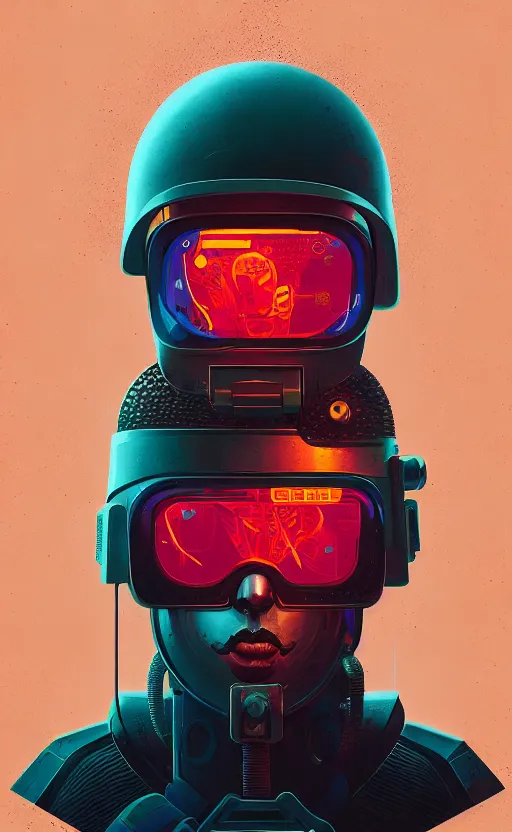 Prompt: portrait of a cyberpunk soldier wearing a futuristic helmet by Petros Afshar and Beeple, James Gilleard, Mark Ryden, Wolfgang Lettl highly detailed