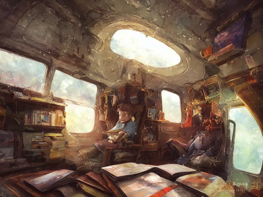 Image similar to detailed painting of a magical book laying open on the seat of a modern train car by Krenz Cushart, fantasy, dramatic light