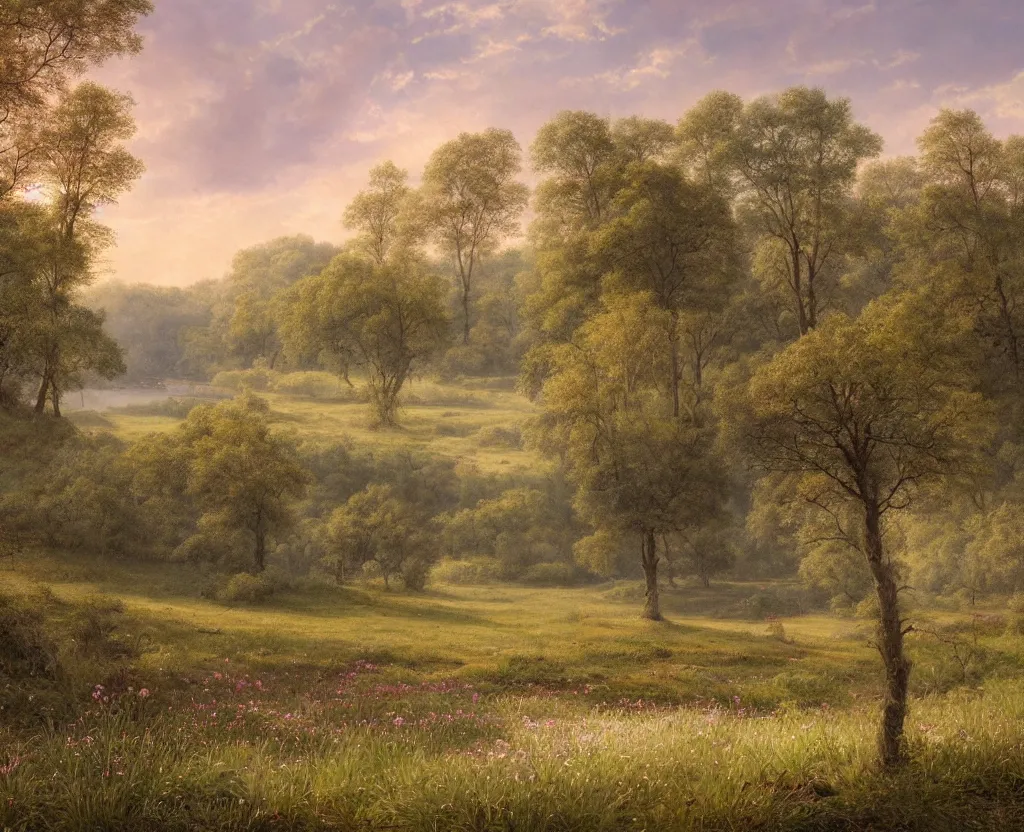 Image similar to epic landscape with rolling hills and a river, groups of old trees with flower meadowss on the river banks in a beautiful early morning mood with small pink clouds in the sky by clive madgwick and alexandre calame, godrays, golden ratio, velvia 5 0, large format camera, artstation, vray render