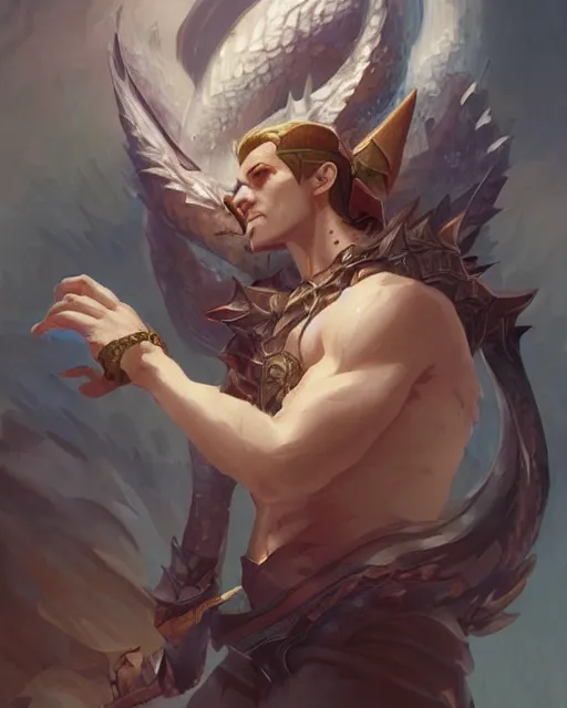 Image similar to '' Portrait of Half-Dragon character, league of legends, LOL, fantasy, d&d, digital painting, artstation, concept art, sharp focus, illustration, art by greg rutkowski and alphonse mucha ''