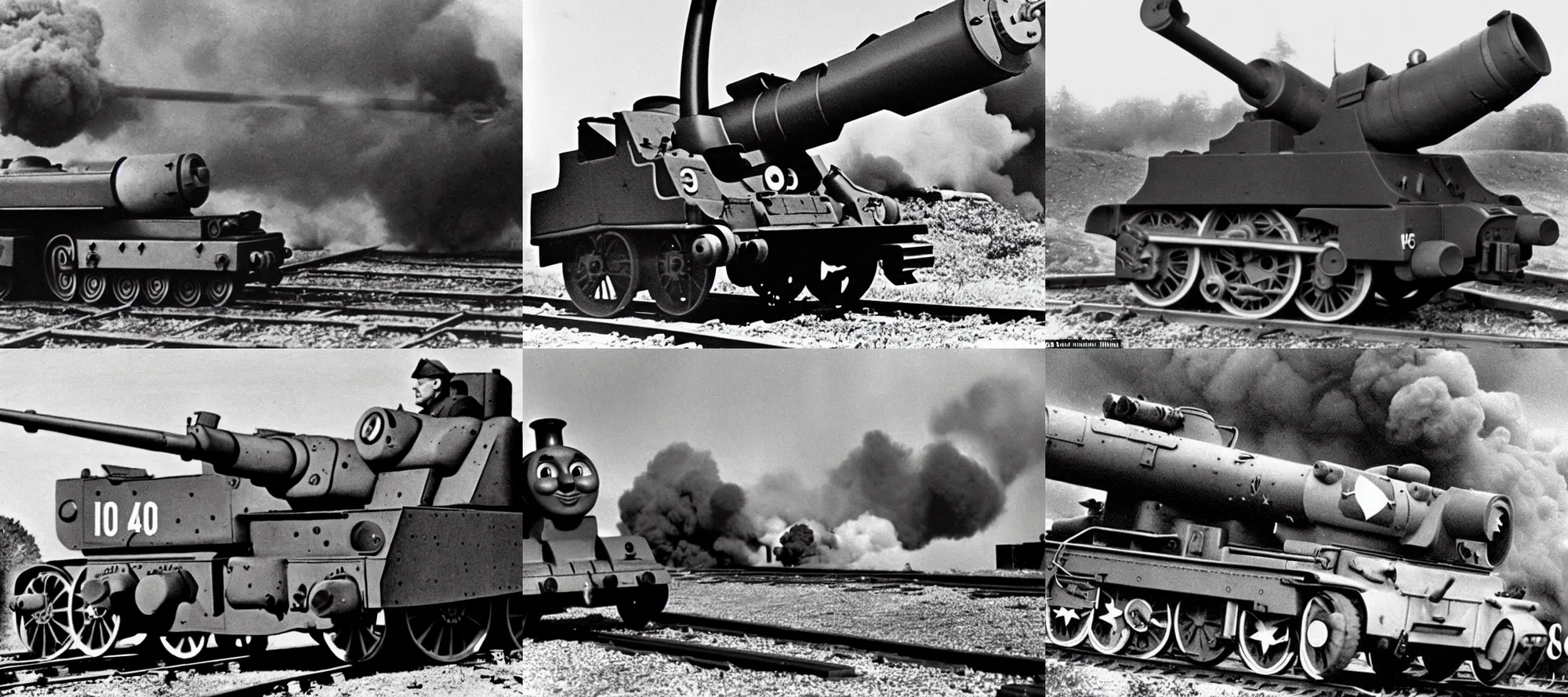 Prompt: WW2 era photograph, the face of Thomas the tank engine on a 800mm German super-heavy-mortar with a huge gun barrel shooting, there are german soldiers on the roof