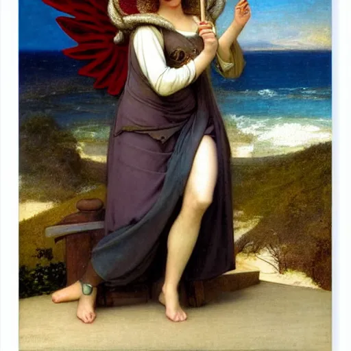 Prompt: An angel with jester hat and clothes on the front of a Balustrade with a beach on the background, major arcana cards, by paul delaroche, hyperrealistic