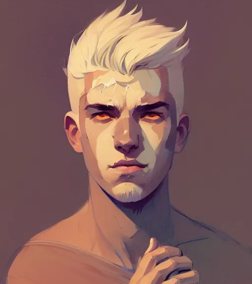 Image similar to portrait of a young man, raised on the island, white hair, face tatooes by atey ghailan, by greg rutkowski, by greg tocchini, by james gilleard, by joe fenton, by kaethe butcher, dynamic lighting, gradient light blue, brown, blonde cream and white color scheme, grunge aesthetic