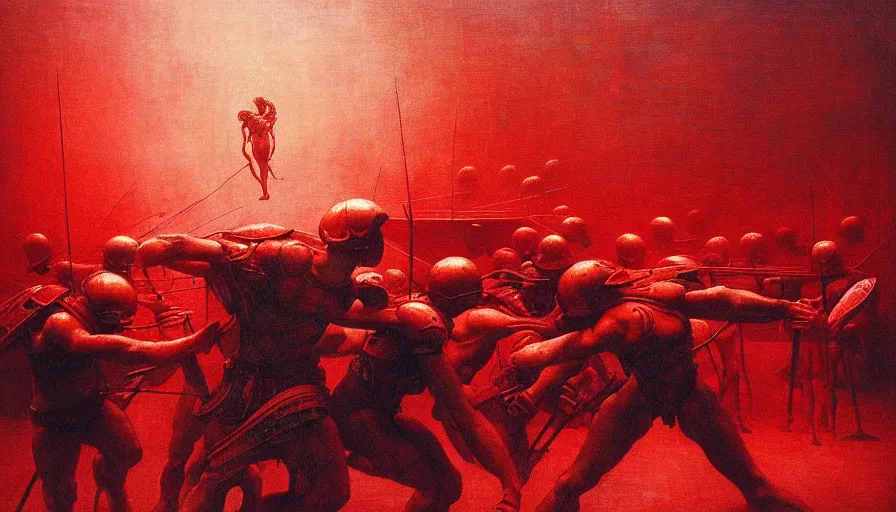 Image similar to only with red, a lightly armored gladiator in a crowded roman amphitheatre, crowd cheering, in the style of beksinski and edward hopper and rodcenko and yue minjun and artgerm, intricate and epic composition, red by caravaggio, highly detailed, masterpiece, red light, artstation, art nouveau