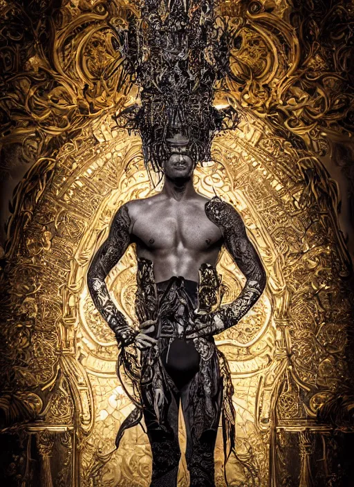 Prompt: a portrait of male model by stefan geselle and nekro borja, photorealistic, intricate details, hyper realistic, fantasy, ornate metal gold headpiece, photorealistic, canon r 3, photography, wide shot, photography, dark beauty, symmetrical features, wide angle shot, whole body, full body shot, standing pose