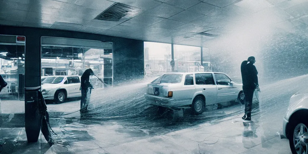 Prompt: inside an automatic carwash, view through the windshield, high detail, very sharp photograph, cinematic, wide angle, cinestill 800t