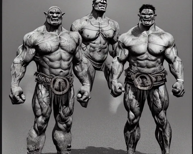 Image similar to hyper realistic group vintage photograph of a warrior orc tribe, tall, muscular, hulk like physique, tribal paint, tribal armor, grain, old