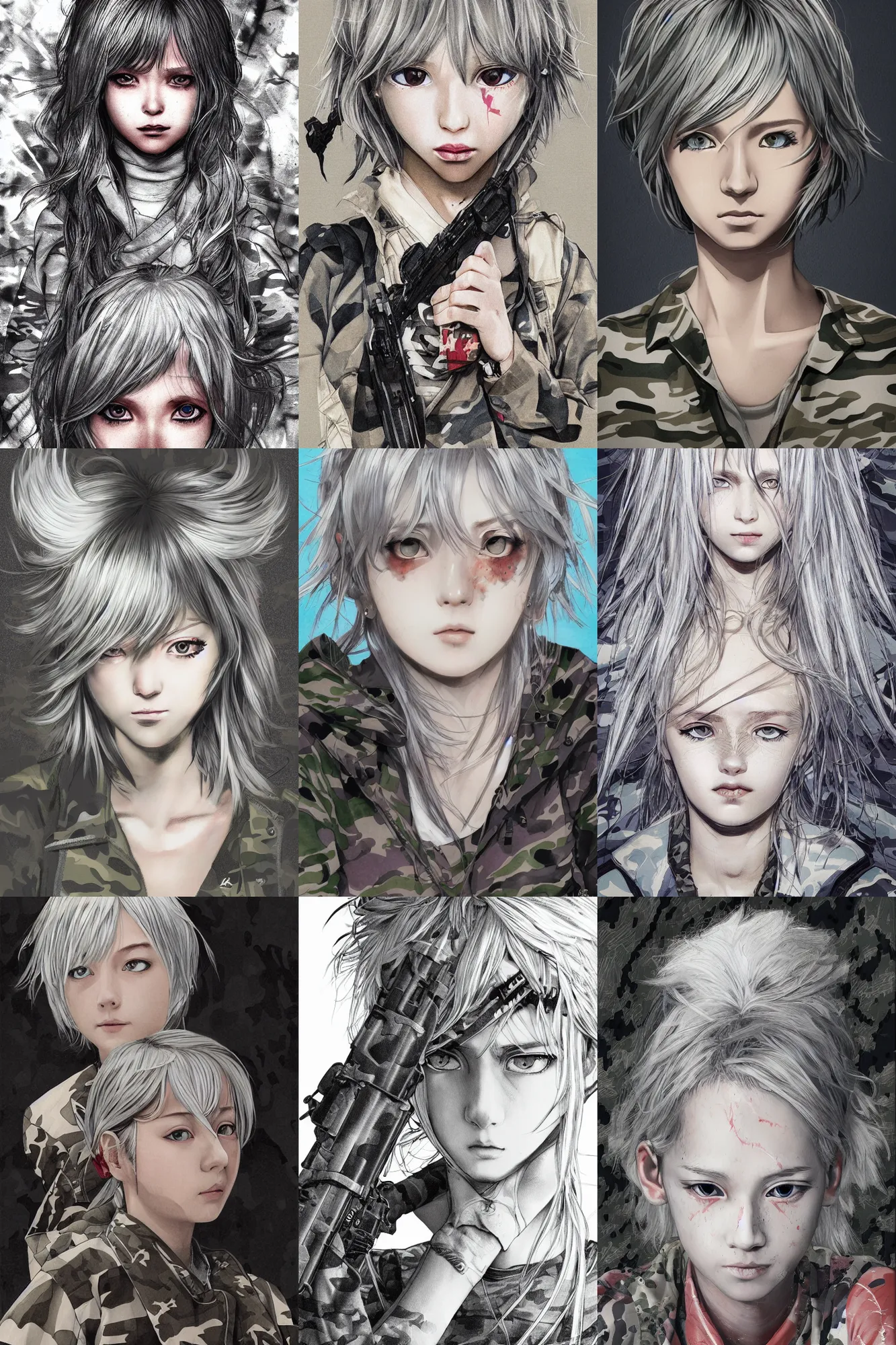 Prompt: silver hair girl ruby eyes, multicam camo, cinematic portrait, ilustration by Takehiko Inoue