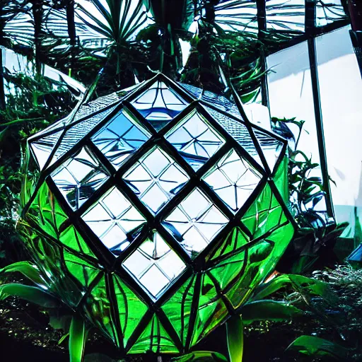 Prompt: high quality dslr photograph of a highly reflective chrome octahedron in a tropical greenhouse. alien structure, masterpiece, stunning, amazing, super resolution. atmospheric, Extremely detailed