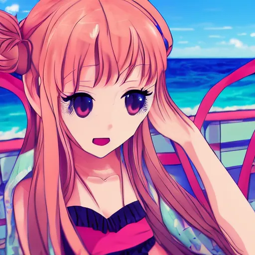 Image similar to monika of doki doki literature club relaxing at the beach | gelbooru image database | sankakucomplex image database | shuushuu image database | safebooru digital art image | trending on instagram | behance colored background stunning | konachan 1 0 8 0 p wallpaper