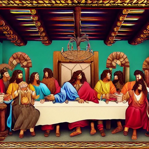 Image similar to the last supper in a mexican restaurant, sombrero, ponchos, in a baroque style, intricate detail, cinematic, 8 k, cel shaded, unreal engine, featured on artstation, pixiv