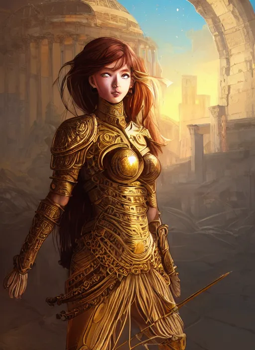 Prompt: portrait knights of zodiac girl, golden and copper shining armor, in ruined agora of athens sunrise, ssci - fi and fantasy, intricate and very very beautiful and elegant, highly detailed, digital painting, artstation, concept art, smooth and sharp focus, illustration, art by ilya kuvshinov and wlop and z - - ed and tian zi