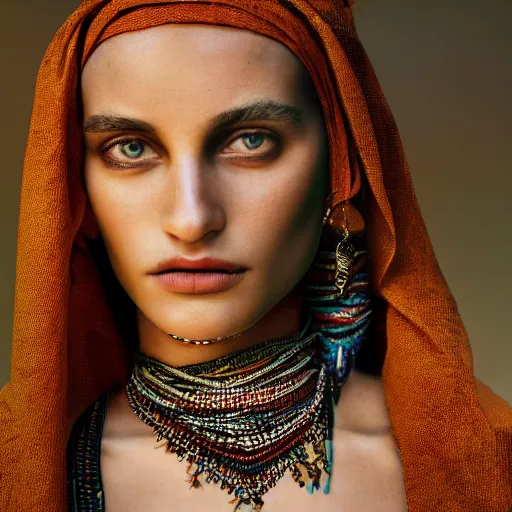 Image similar to portrait of a stunningly beautiful middle eastern tribal female, depth of field, zeiss lens, detailed, symmetrical, centered, fashion photoshoot, by Annie Leibovitz and Steve McCurry, David Lazar, Jimmy Nelsson, Breathtaking, 8k resolution, extremely detailed, beautiful, establishing shot, artistic, hyperrealistic, beautiful face, octane render