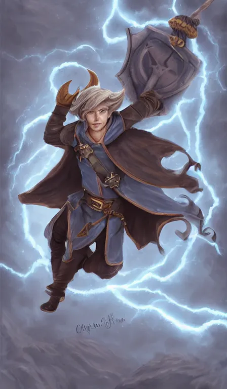 Image similar to cute whimsical half - elf sorcerer rogue running leaving a trail of lightning, brown leather tunic, ( ( ( ( ( ( chris pratt ) ) ) ) ) ), light grey - blue hair, d & d, fantasy, portrait, highly detailed, digital painting