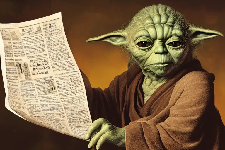 Image similar to a beautiful ultradetailed fine art photo of yoda reading a newspaper in a monastery, by tom bagshaw and zach sutton, backlight, 5 0 mm lens, closeup shot, bokeh, golden ratio composition, sunset golden hour hues, very detailed, artstation, 8 k, highly coherent