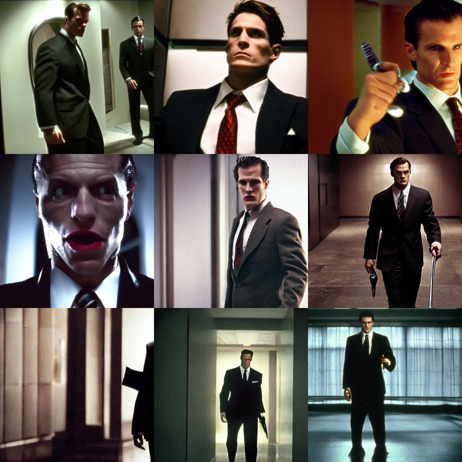 Prompt: Dragonborn wearing a suit, still from the American Psycho (2000), cinematic, 4K Bluray