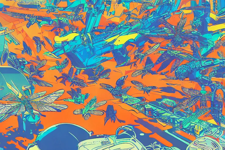 Image similar to risograph, gigantic mecha arzach birds with dragonflies, tiny rats, a lot of exotic animals around, big human faces everywhere, helicopters and tremendous birds, by satoshi kon and moebius, matte summer blue and neon orange colors, surreal psychedelic design, crispy, super - detailed, a lot of tiny details, 4 k, fullshot