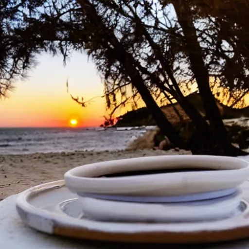 Prompt: photo of a white dish over a table with a sunset on the beach in the background