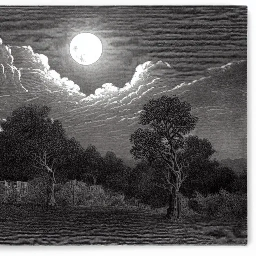 Image similar to a distant city, trees, night, full moon, clouds, chiaoscuro, illustration by Gustave Doré