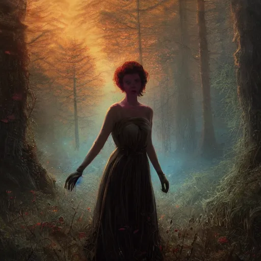 Image similar to a closeup portrait of vivian leigh, magical forest background, gorgeous view, sunset, film noir, depth, by seb mckinnon, by greg rutkowski, by igor kieryluk, digital art, trending on artstation