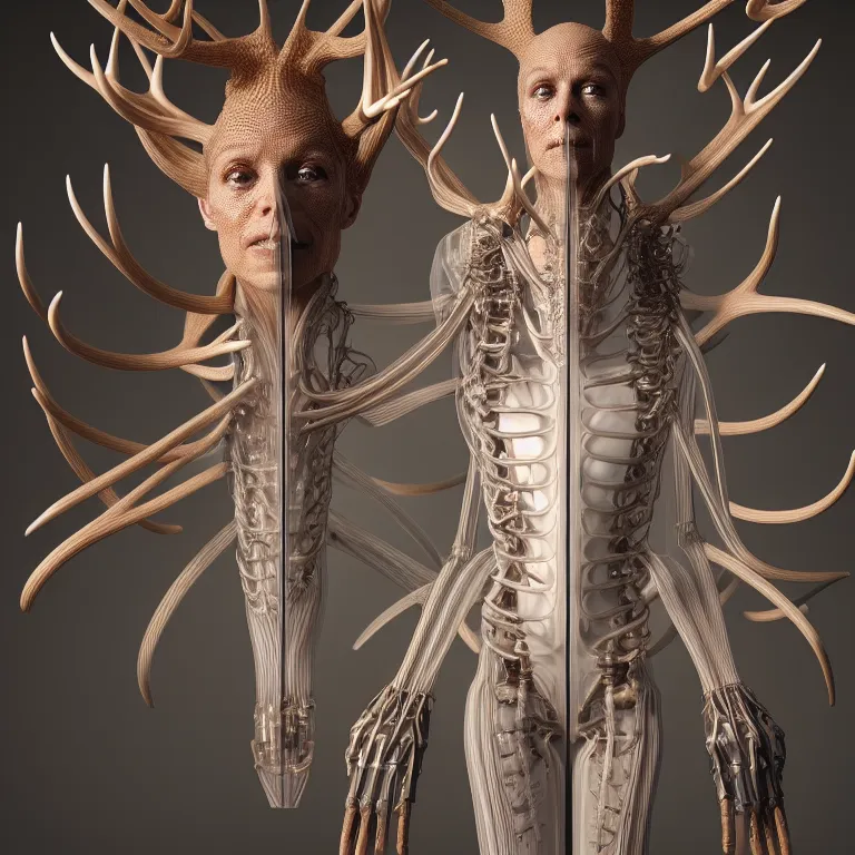 Image similar to portrait of transparent exoskeleton ms with ribbed body, covered with twisted ribbed crooked antlers, baroque portrait by rutkowsky and charles vess and james jean and erik jones and rhads, 3 d octane render, beautiful fine face features, intricate high details, sharp, ultradetailed, artistic photography