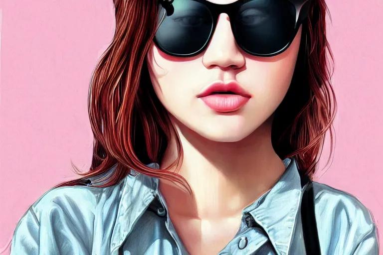 Image similar to !dream 8k UHD, high detailed, Digital drawing, Randy Bishop art style : (subject = girl wearing Ray bans shades, photo realistic, high symmetry + subject detail= beautiful, Asian, red hair, high detailed, symmetric facial features)