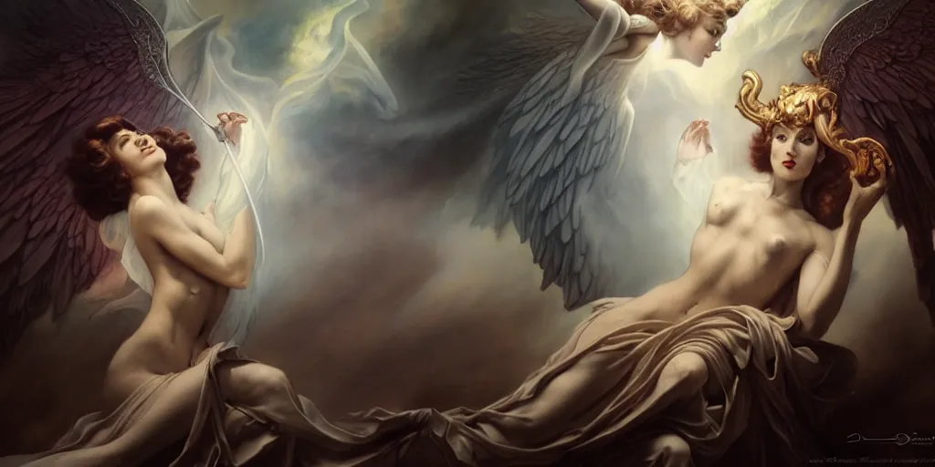 Image similar to Angels and demons, by Rolf Armstrong and Evelyn De Morgan and Bastien Lecouffe-Deharme, dramatic lighting, high contrast colors, baroque, empyrean, panoramic view, as trending on Artstation, highly detailed, doom engine,