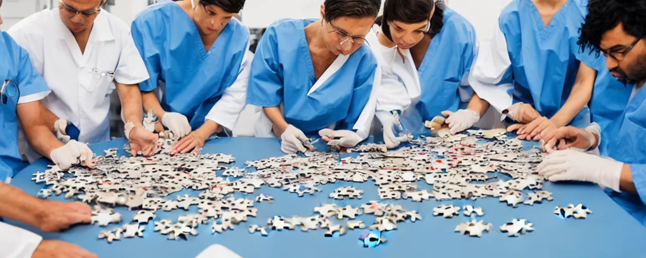 Image similar to a group of surgeons performing an operation on a jigsaw puzzle on a table