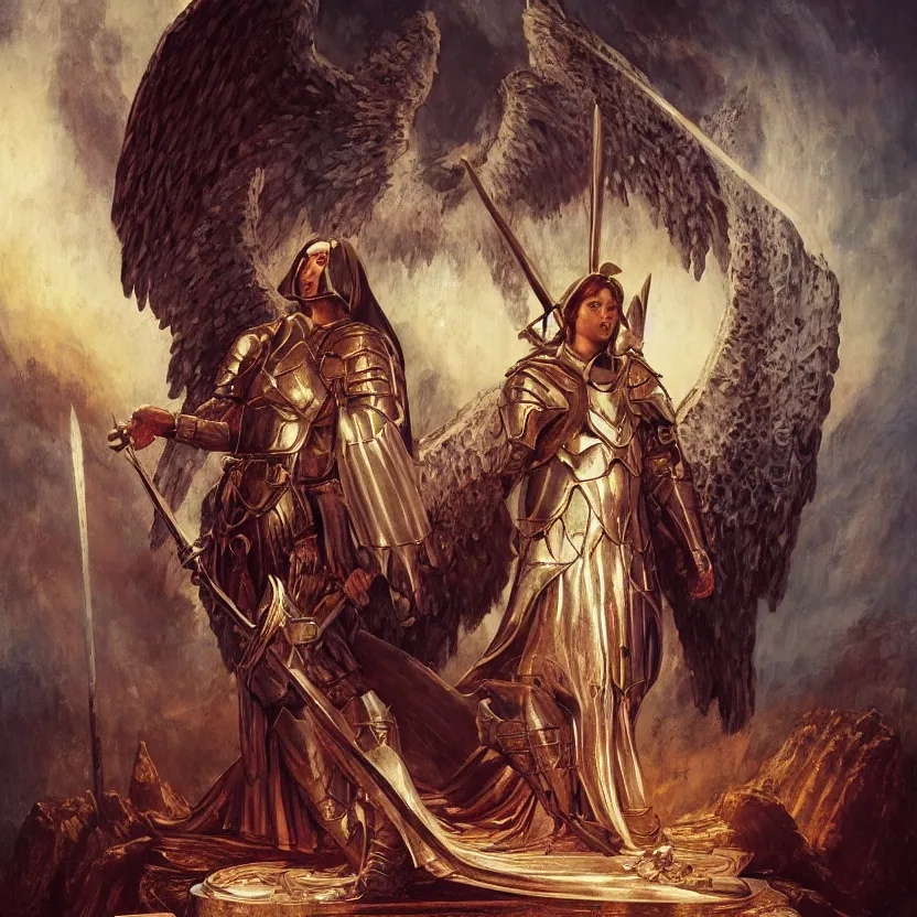 Image similar to painting of a powerful angel in medieval knights armory and white wings sitting on an enormous sword throne. cinematic lighting, atmospheric lighting, haunted, terrifying atmosphere by greg rutkowski, evelyn de morgan, bruce pennington.