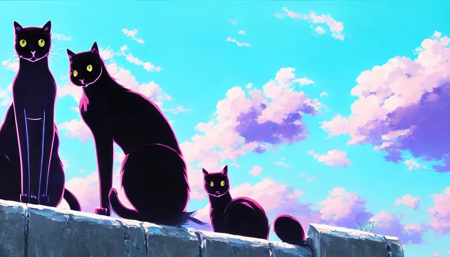 Image similar to highly detailed contemporary acrylic painting of really tall sitting cats by makoto shinkai, thick brush strokes and visible paint layers, glistening clouds in background, light blue black, white and pink vivid pastel color scheme