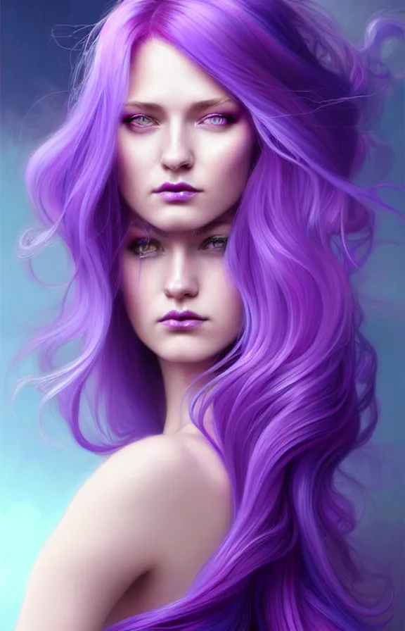 Image similar to Purple hair relistic Portrait of a woman with bright colored flying hair, all shades of purple. Hair coloring, long hair, blue eyes, fantasy, intricate, elegant, highly detailed, digital painting, artstation, concept art, smooth, sharp focus, illustration, art by artgerm and greg rutkowski and alphonse mucha