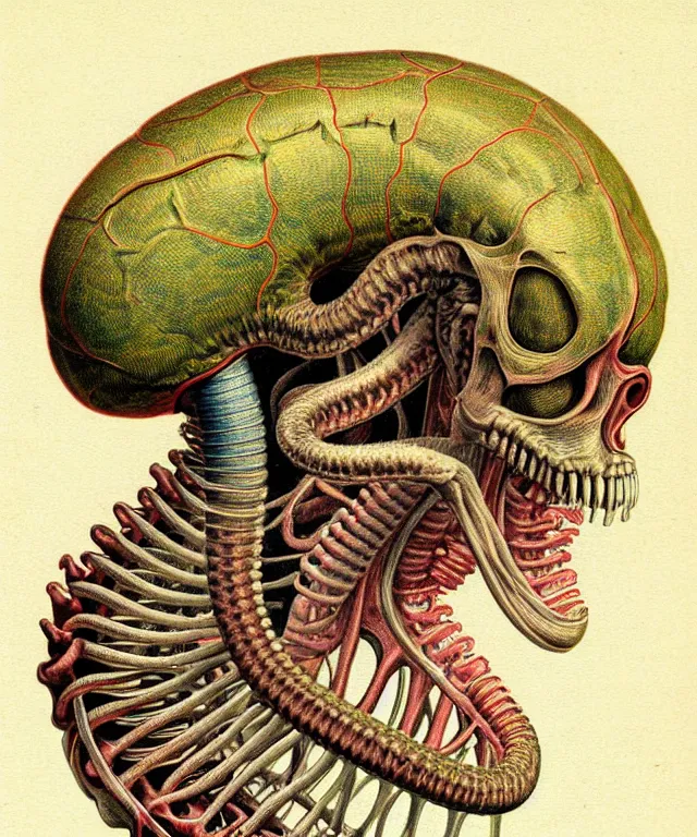 Prompt: hyper-detailed color pencil antique medical illustration of Kaiju head cross-section, nautilus brain, golden ratio, ribcage, xenomorph, with tentacles coming out of open mouth and exposed jaw bone, cervical spinal column, vertebra, arteries, cerebral corpus callosum, interventricular foramen, symmetrical