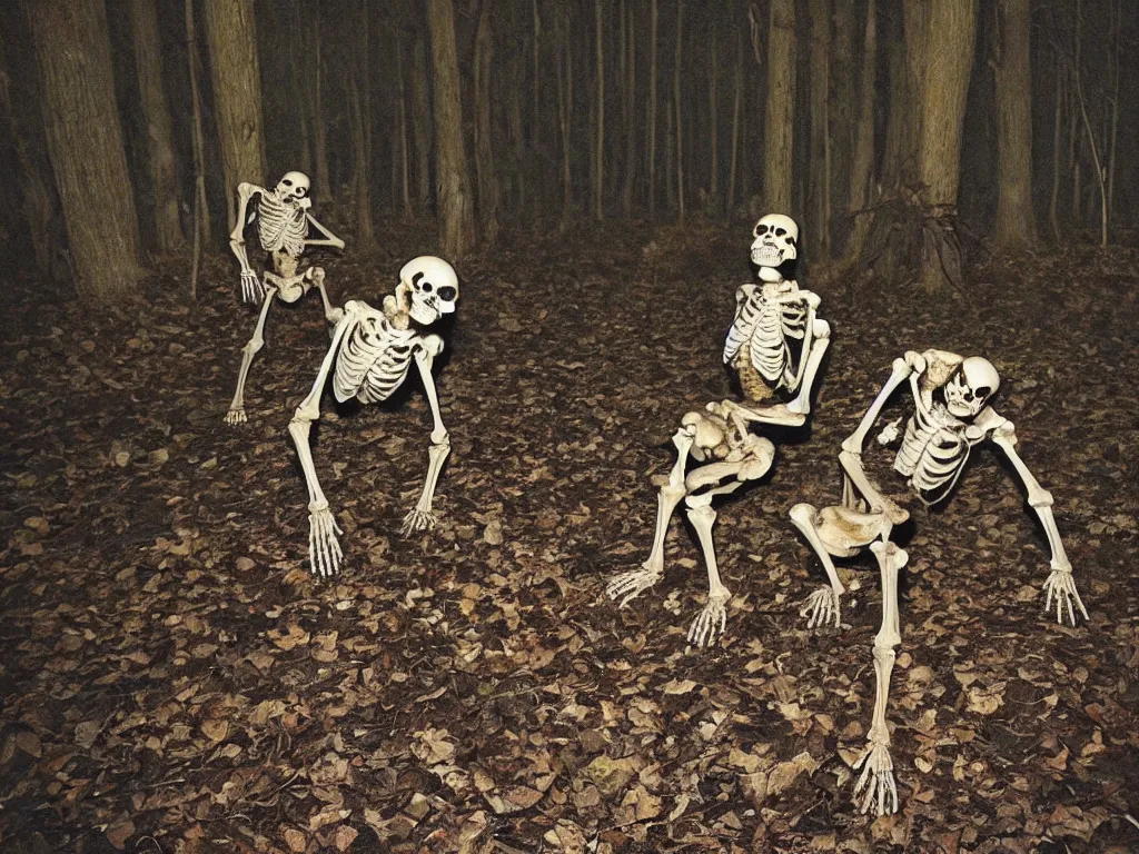 Prompt: frightened screaming human skeletons on amateur home video being attacked by raccoons at night in a dark forest at night, photorealistic amateur photography low camera angle