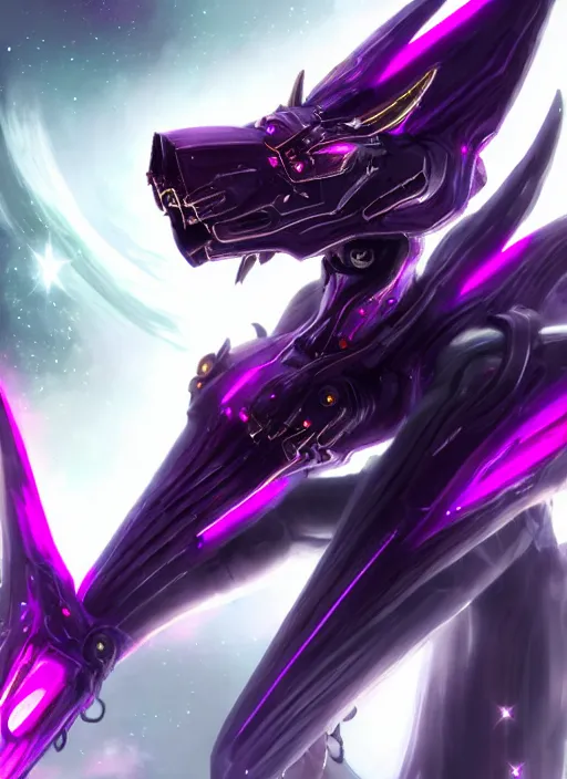 Image similar to cinematic close body, cosmic sized beautiful stunning giant robot mechan hot female dragon goddess, sharp sleek cyborg dragon head, sharp metal ears, smooth purple eyes, smooth fuschia skin, smooth silver armor, nebula, epic proportions, epic scale, macro furry, furry art, dragon art, goddess art, giantess art, warframe, warframe fanart, furaffinity, octane